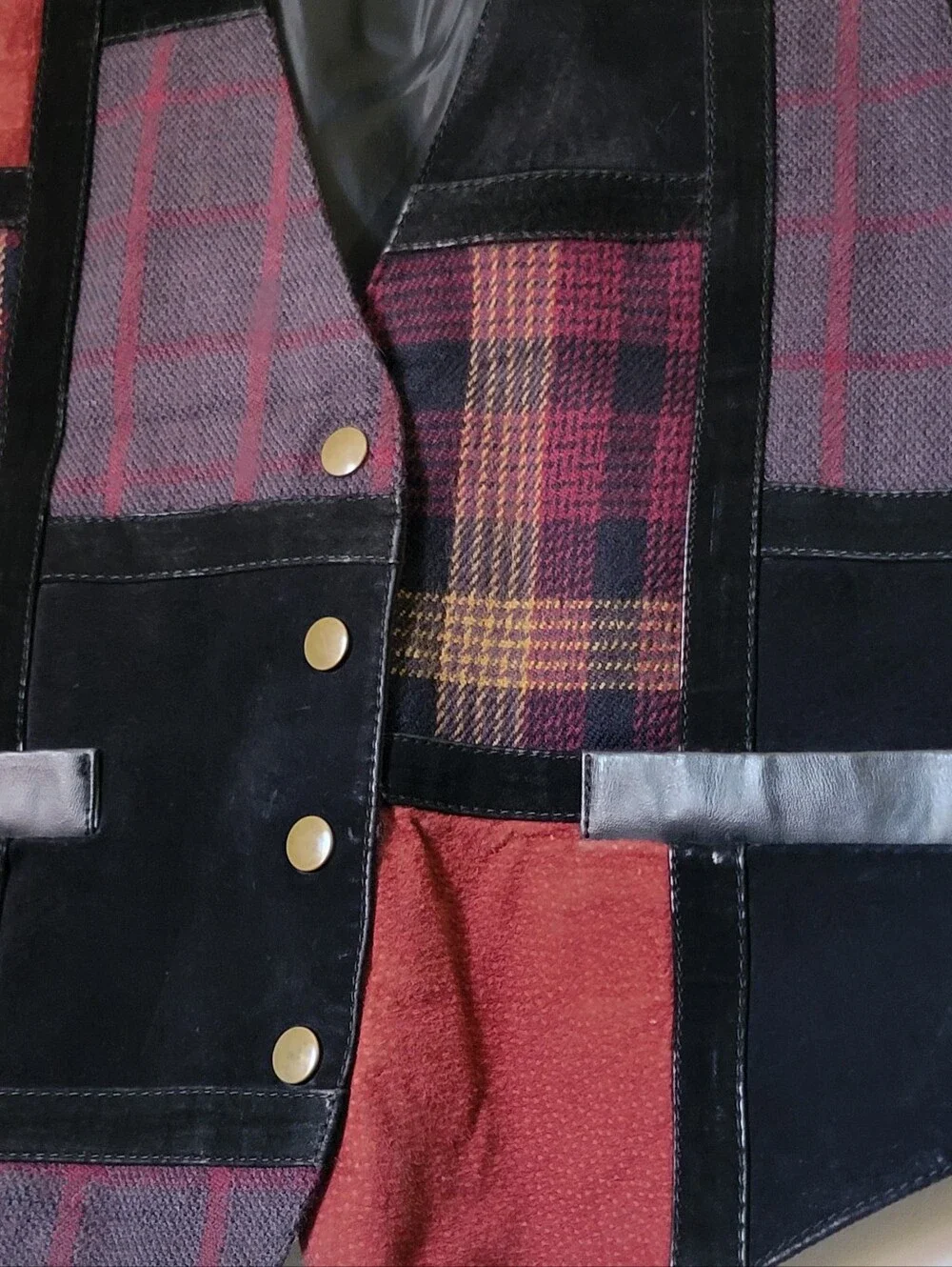 Vintage David American Fashion 90's Patchwork Vest Mixed Media Plaid Suede Sz L